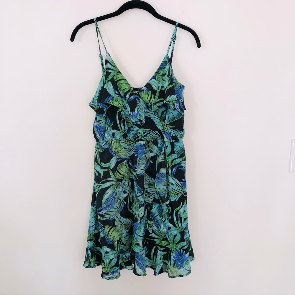 Japna Mini Dress tropical palm leaves ruffle Black Green Blue Women’s Small EUC